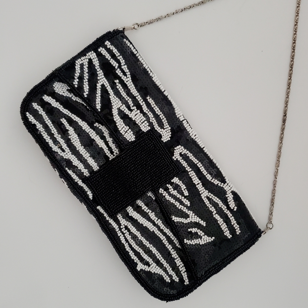 Zebra Pattern Sequin Evening Bag Clutch or Chain Shouder Strap